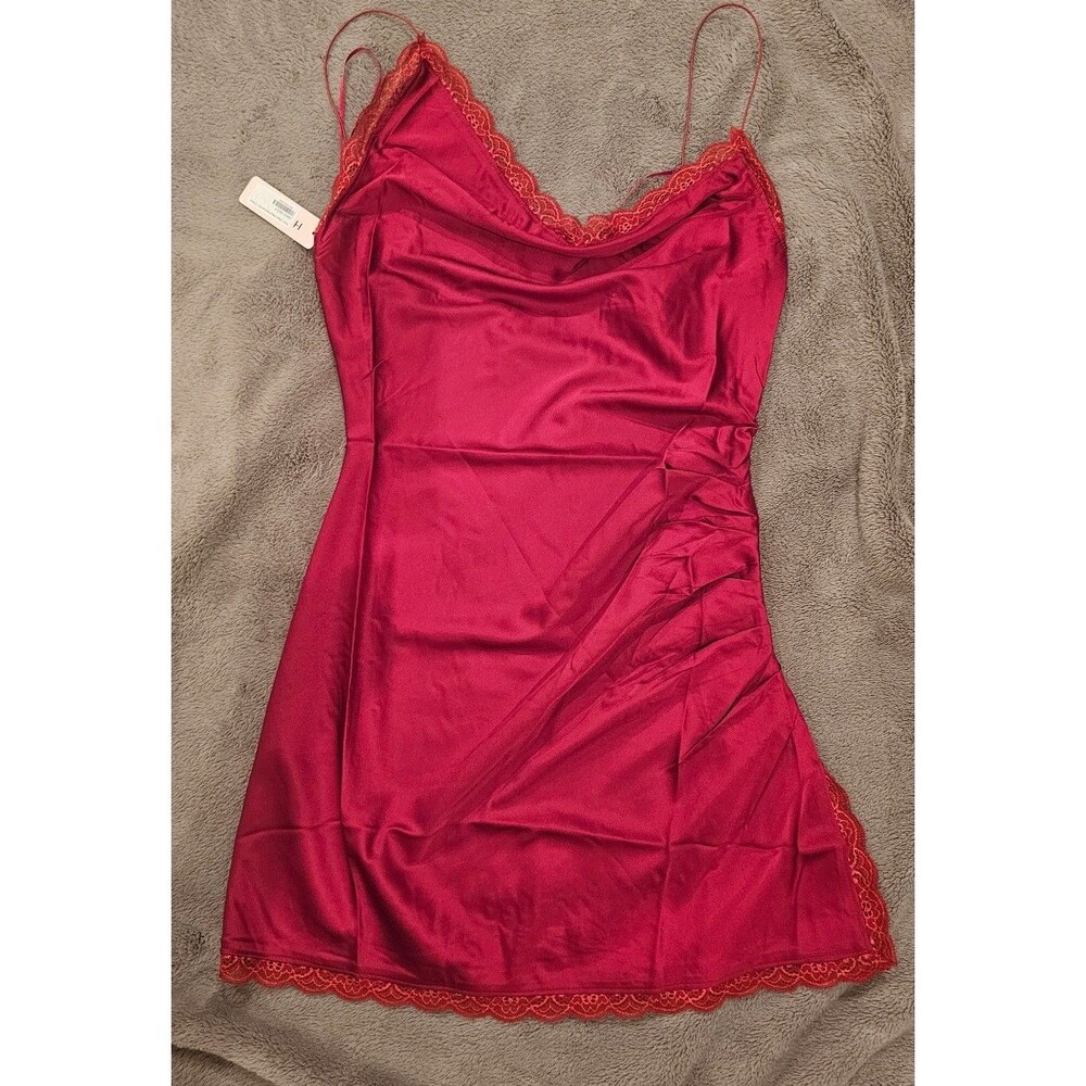 Beige Botany Mon Cheri Asymmetrical Mini Slip Silk Dress Dark Red Small